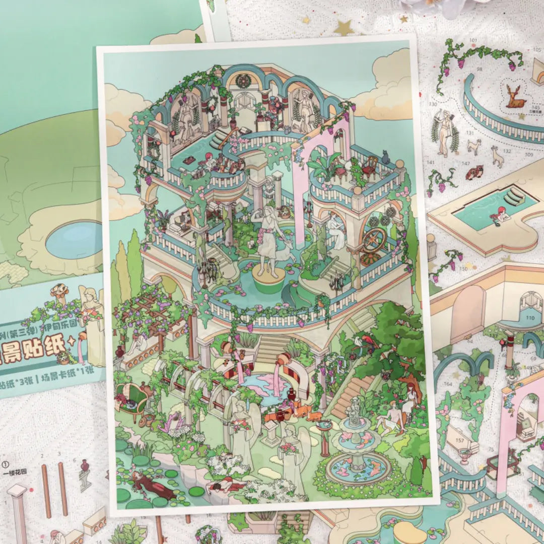 Eden Garden 3D scene sticker kit showing a finished garden terrace scene with fountains, statues, vines, and stairways