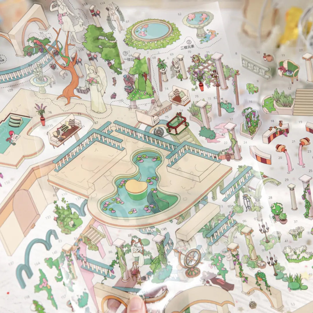 Eden Garden PVC sticker sheets with numbered garden pieces including fountains, railings, plants, statues, and terrace details