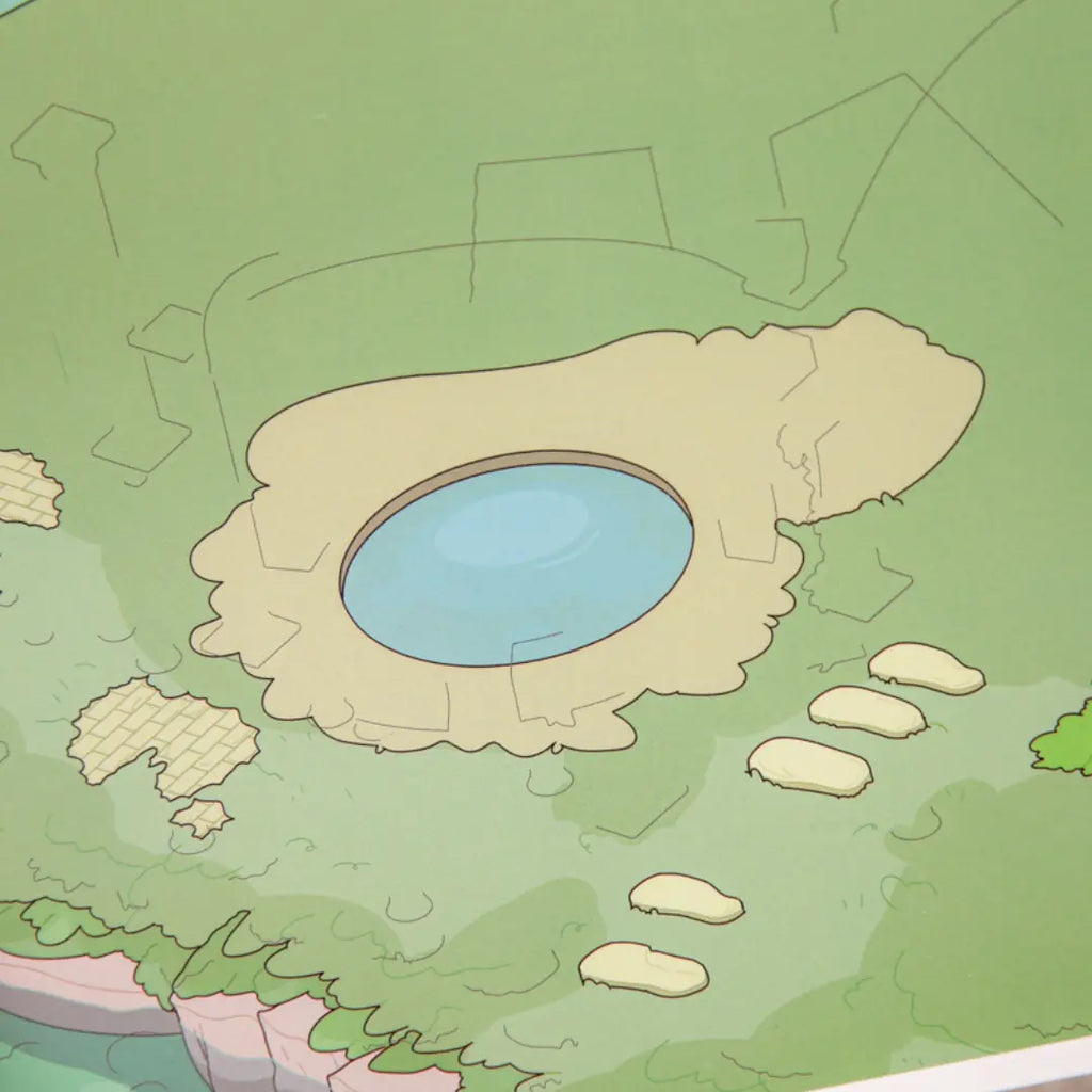 Close-up of the Eden Garden white card backdrop with a pond and light placement guide outlines