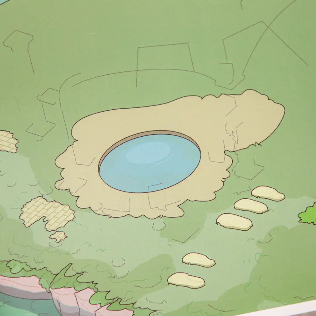 Close-up of the Eden Garden white card backdrop with a pond and light placement guide outlines