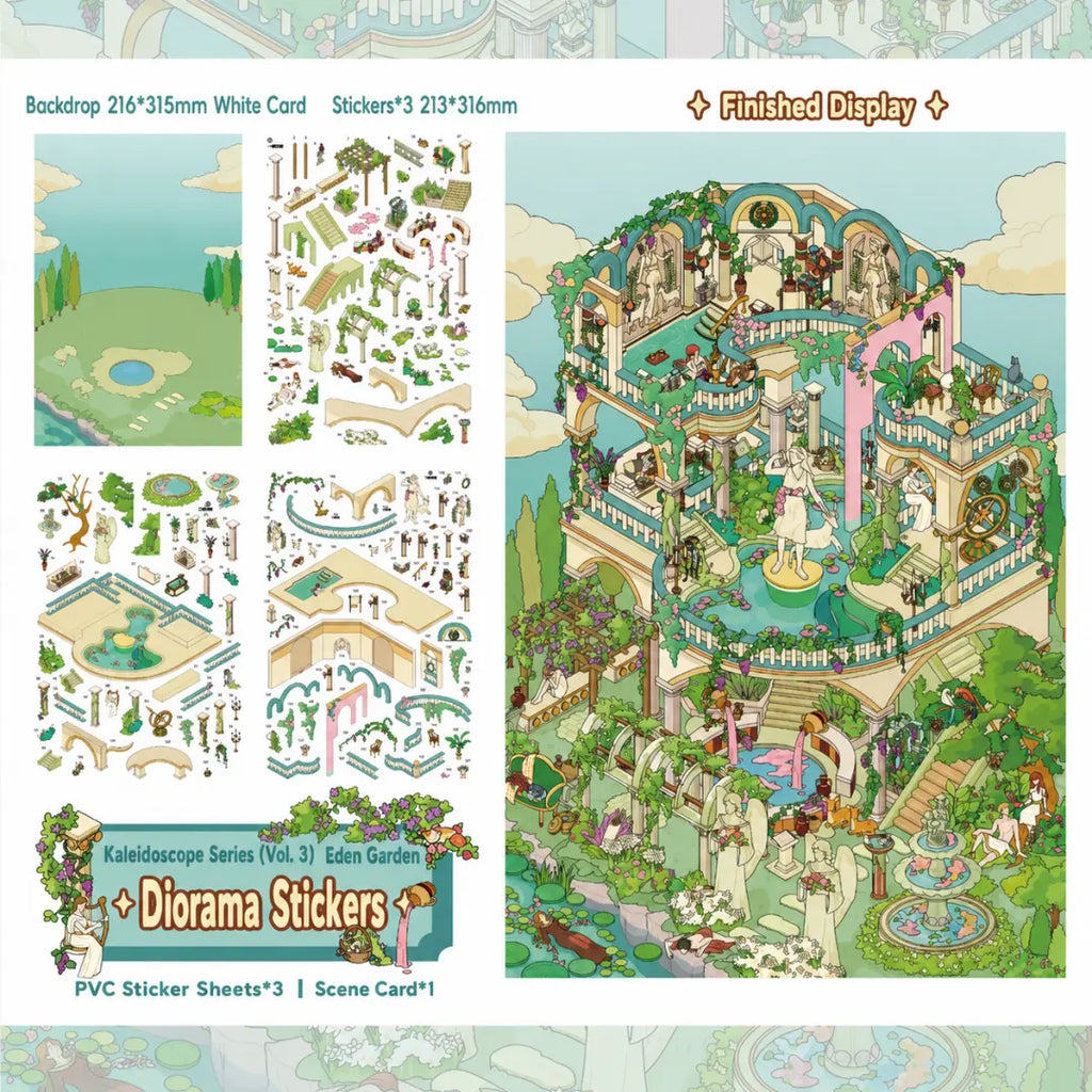 Eden Garden scene sticker kit overview with PVC sticker sheets, white card backdrop, and finished display preview