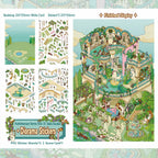 Eden Garden scene sticker kit overview with PVC sticker sheets, white card backdrop, and finished display preview