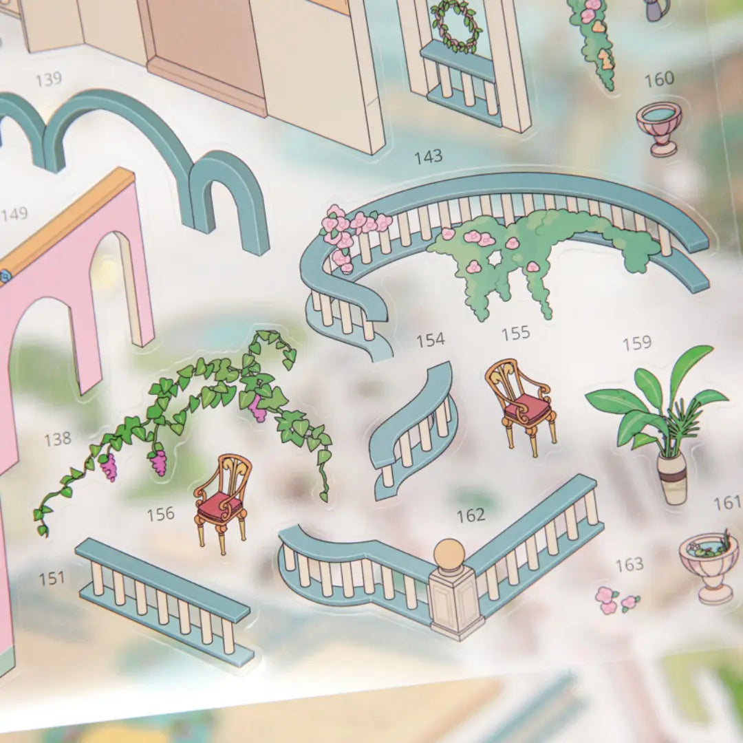 Close-up of Eden Garden sticker sheet showing curved railings, vines, chairs, planters, and numbered placement pieces