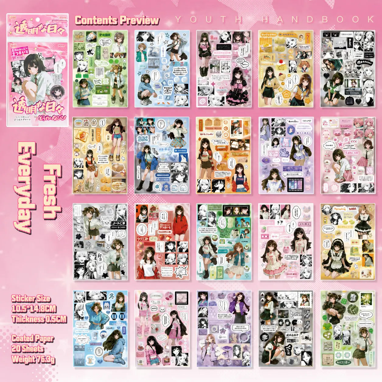 Everyday Fresh set with 20 character journaling sticker sheets in varied everyday colors and themes