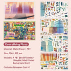 Everything Plaza 3D scene sticker kit overview showing background card, PET sticker sheets, and occlusion reference card