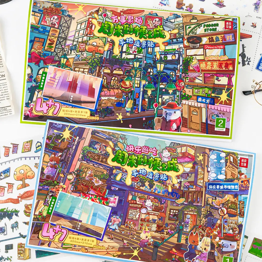 Everything Plaza and Happy Snack Crawl 3D scene sticker kit set with colorful city street package covers