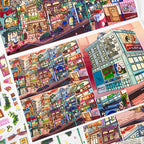 Everything Plaza scene-building preview with finished city plaza artwork, building parts, and sticker elements