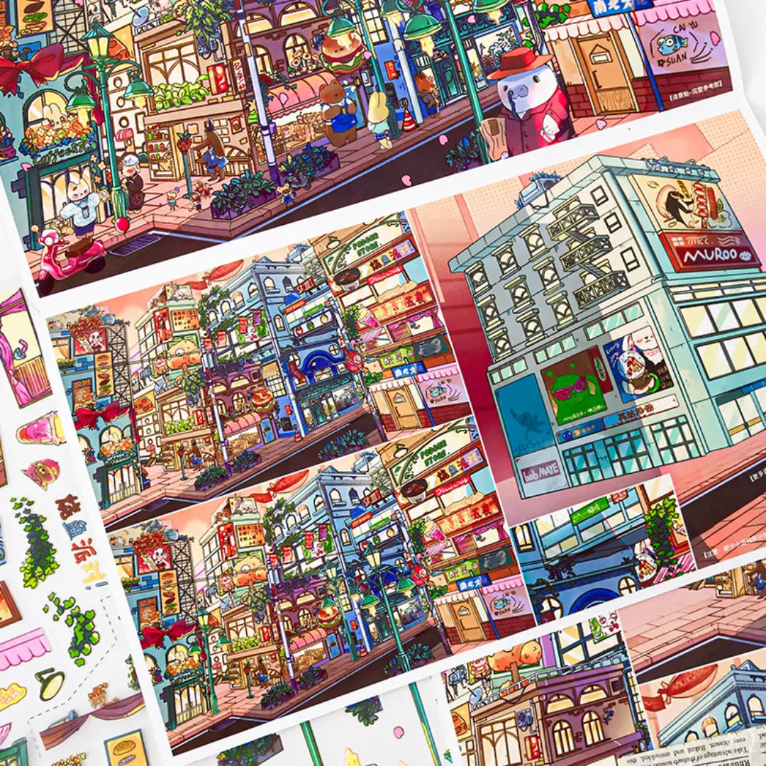 Everything Plaza scene-building preview with finished city plaza artwork, building parts, and sticker elements