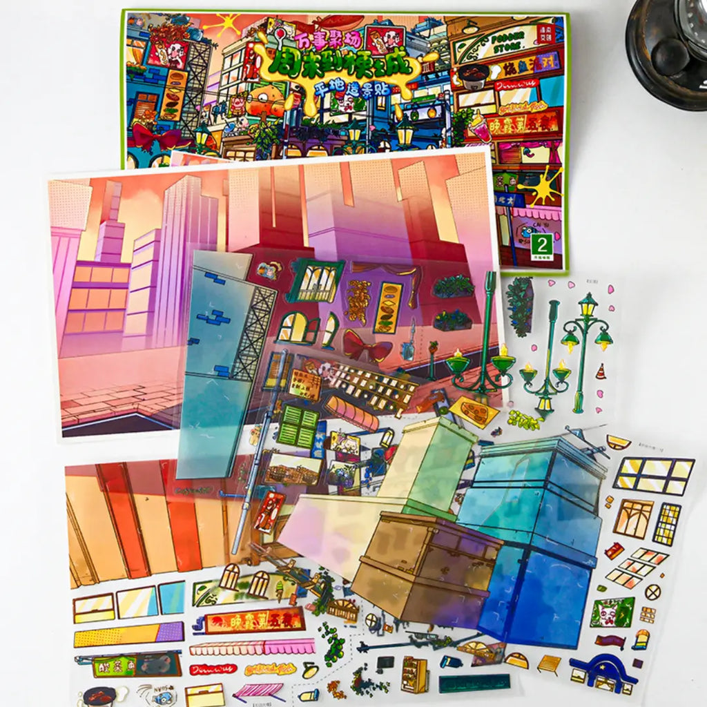 Everything Plaza scene sticker kit contents with city building background and storefront sticker sheets