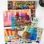 Everything Plaza scene sticker kit contents with city building background and storefront sticker sheets