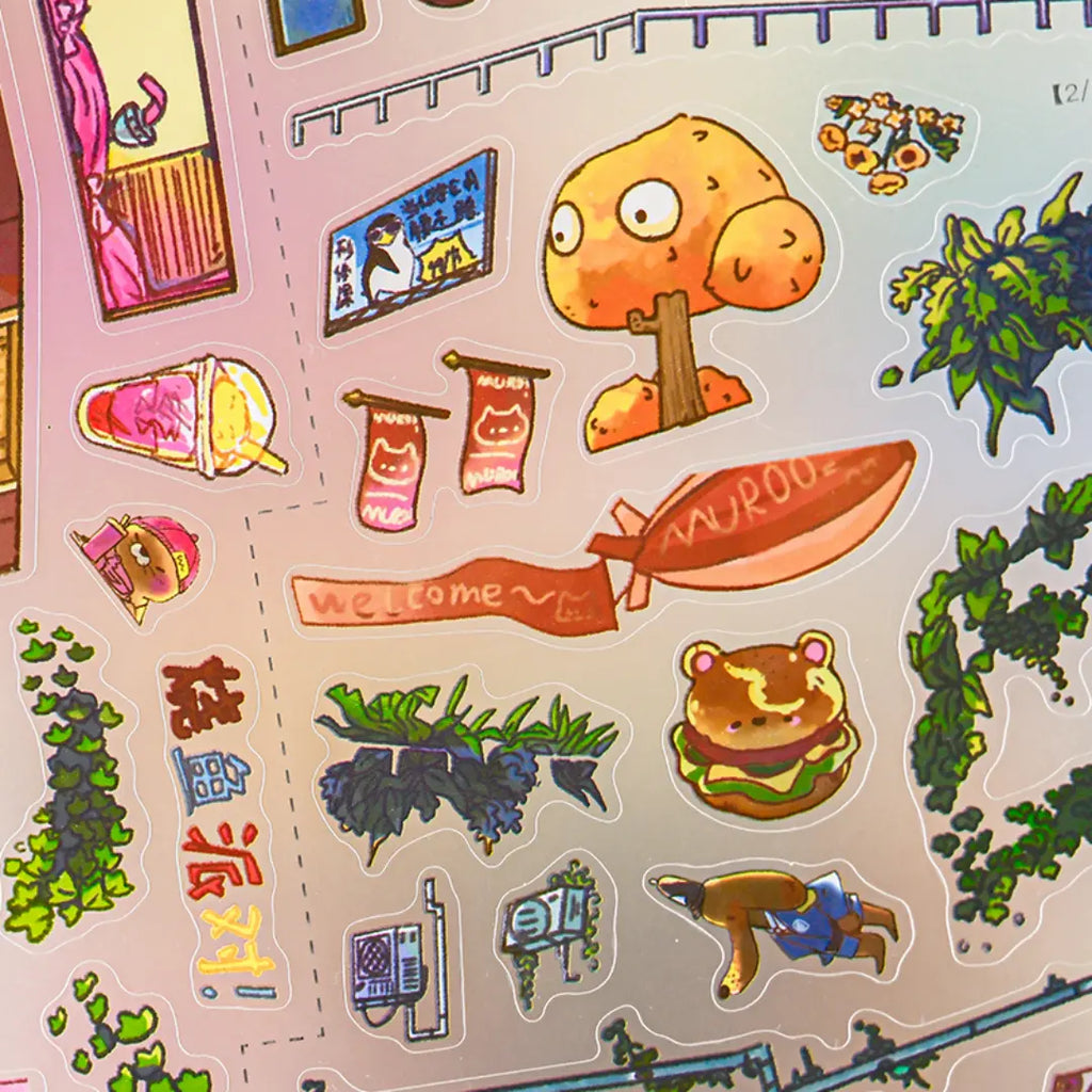 Close-up of Everything Plaza sticker elements including signboards, plants, storefront details, and character stickers