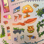 Close-up of Everything Plaza sticker elements including signboards, plants, storefront details, and character stickers