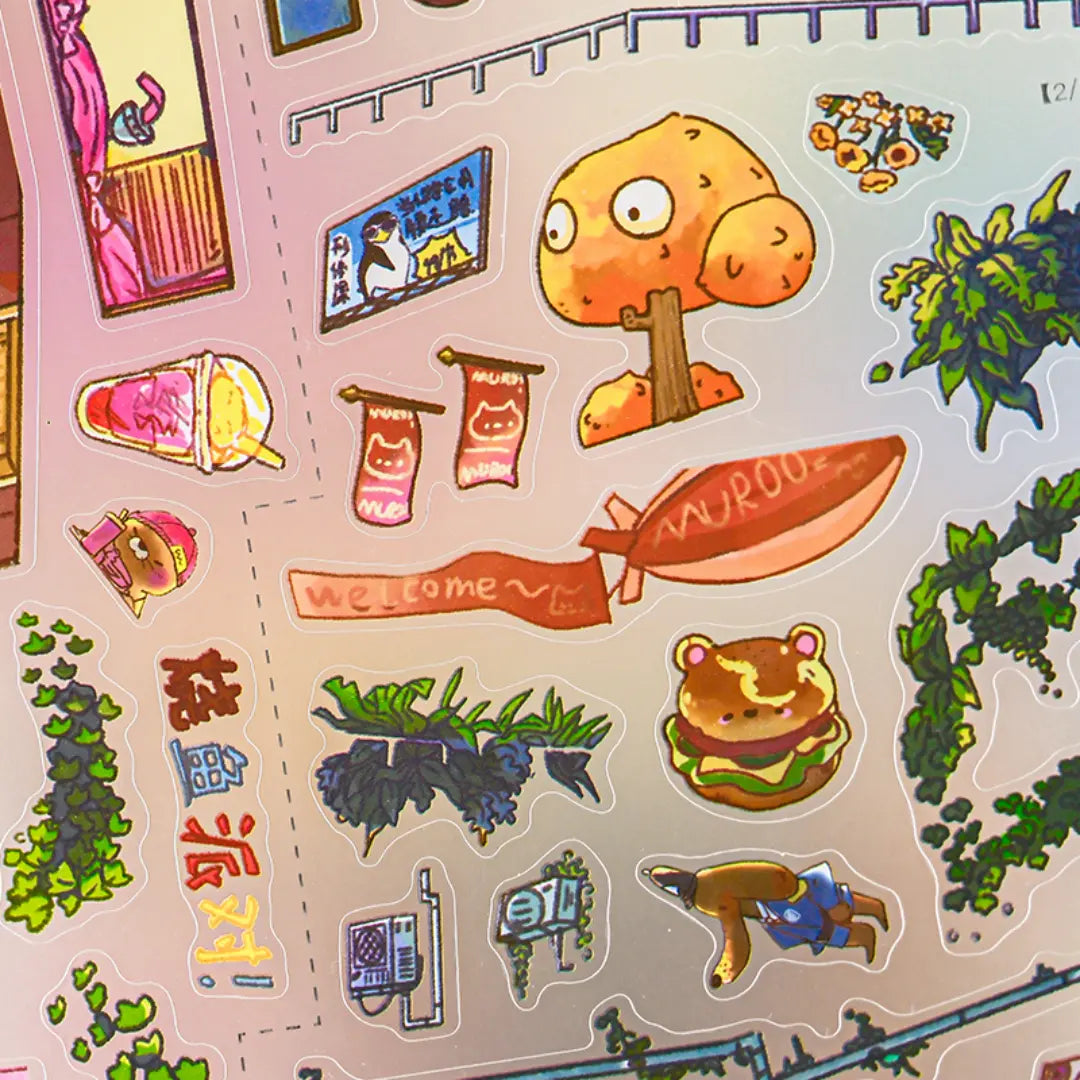 Close-up of Everything Plaza sticker elements including signboards, plants, storefront details, and character stickers