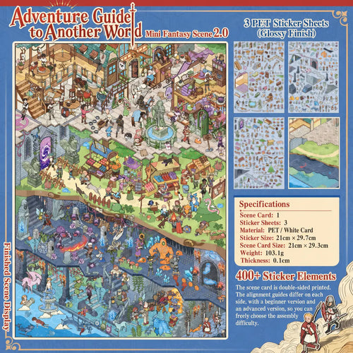 Fantasy adventure scene sticker kit with three glossy sticker sheets, one scene card, and more than 400 sticker elements