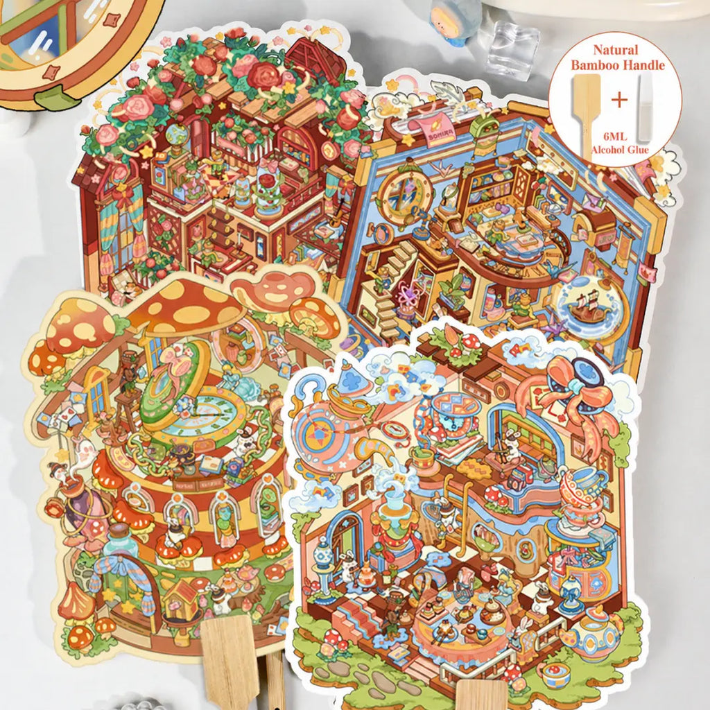 Four finished fantasy miniature room 3D scene sticker kits with bamboo handles and included glue