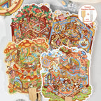 Four finished fantasy miniature room 3D scene sticker kits with bamboo handles and included glue