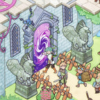 Double-sided fantasy scene card showing an empty placement-guide side and a completed miniature adventure world