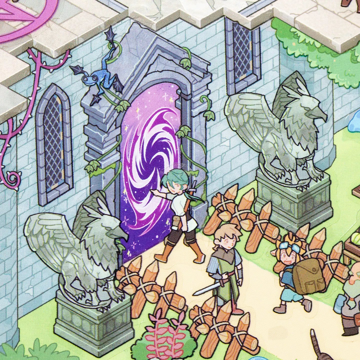 Double-sided fantasy scene card showing an empty placement-guide side and a completed miniature adventure world