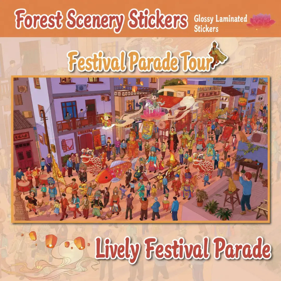 Festival Parade Tour 3D scene sticker kit with a lively festival parade street scene