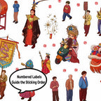 Festival Parade Tour numbered sticker labels showing people, parade props, and festival decorations