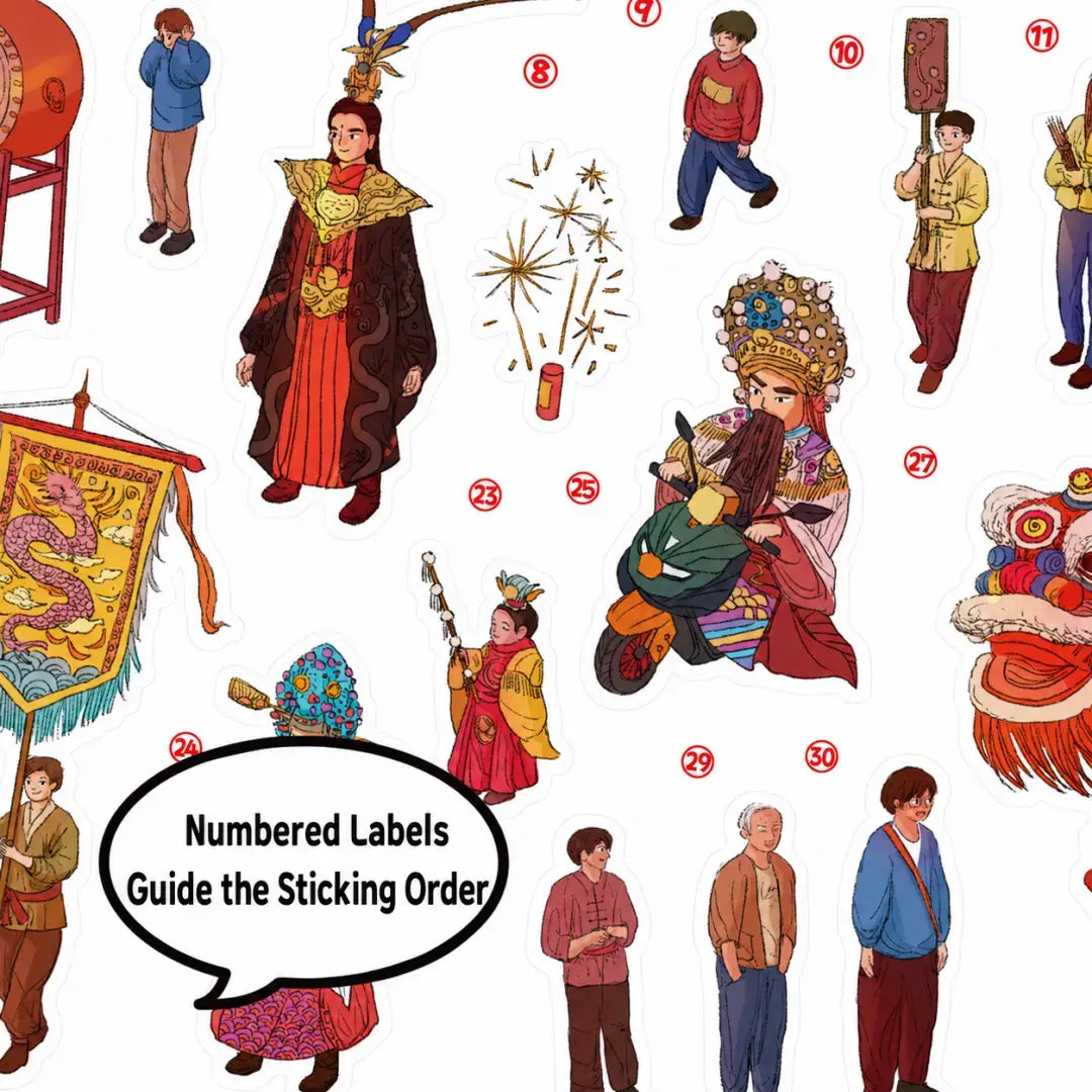 Festival Parade Tour numbered sticker labels showing people, parade props, and festival decorations