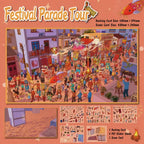 Festival Parade Tour sticker kit contents showing backing card, five sticker sheets, scene card, and size details