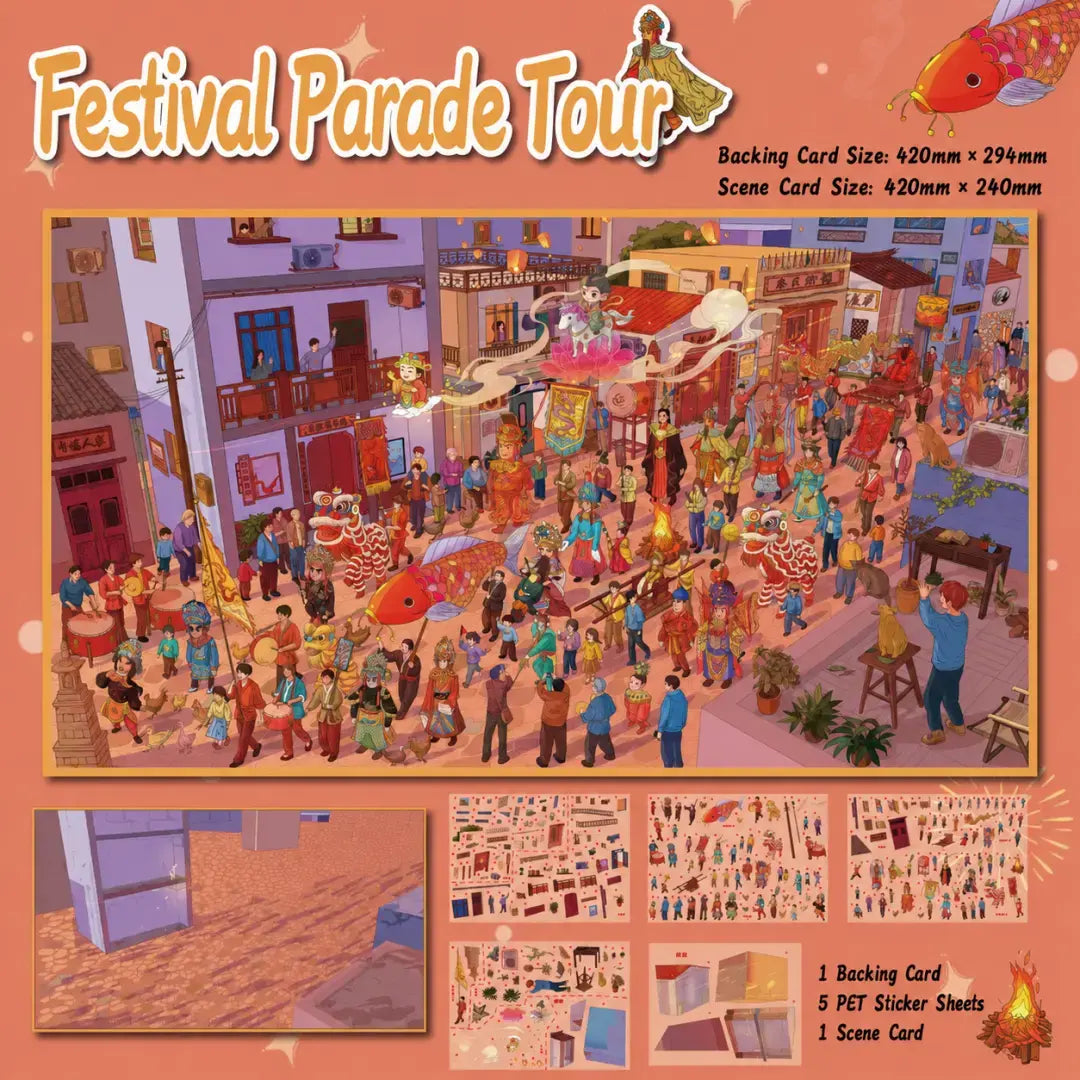 Festival Parade Tour sticker kit contents showing backing card, five sticker sheets, scene card, and size details