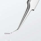 Close-up of 0.1 mm fine tip on stainless steel sticker tweezers