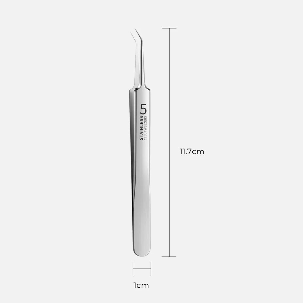 Fine tip sticker tweezers showing 11.7 cm length and 1 cm width