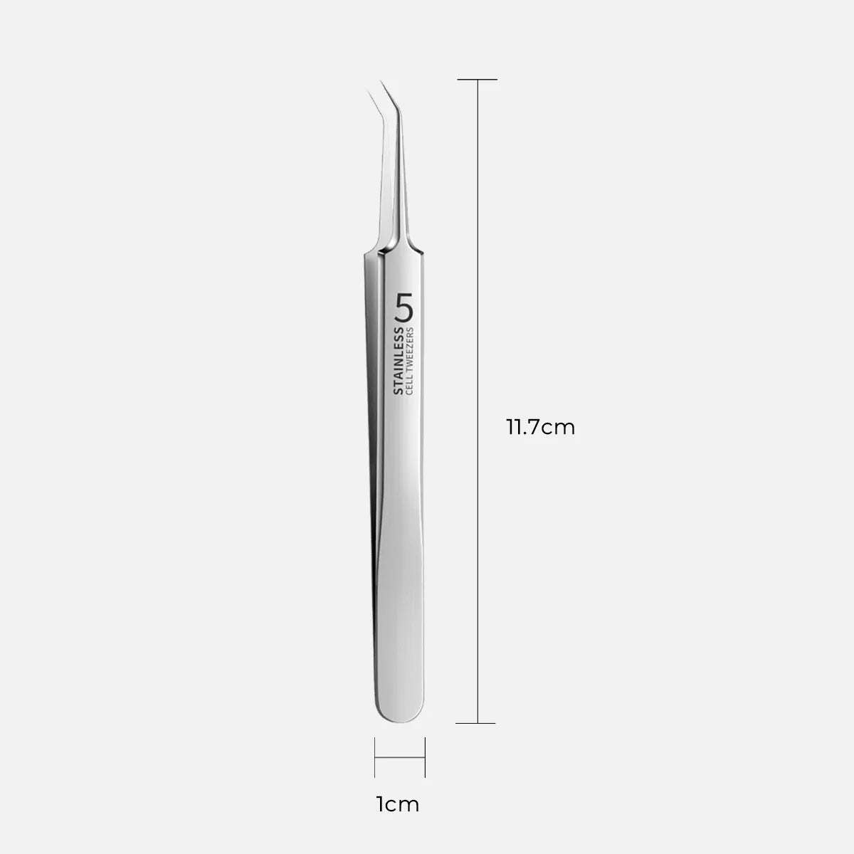 Fine tip sticker tweezers showing 11.7 cm length and 1 cm width