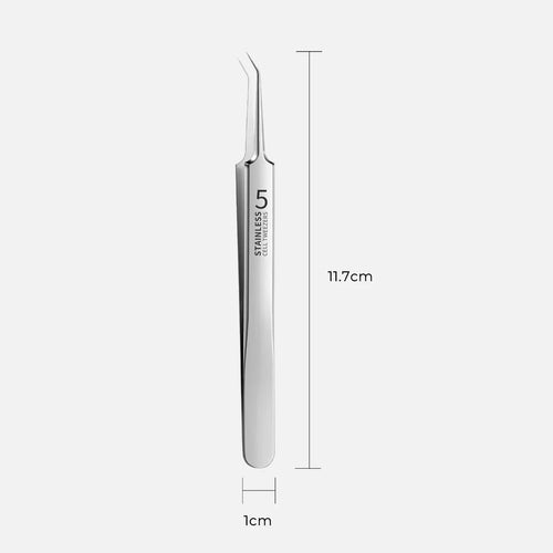 Fine tip sticker tweezers showing 11.7 cm length and 1 cm width