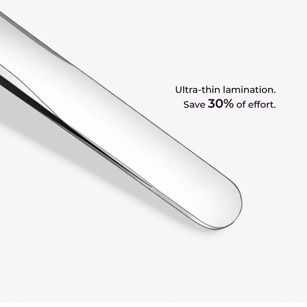Slim stainless steel handle detail of fine tip sticker tweezers