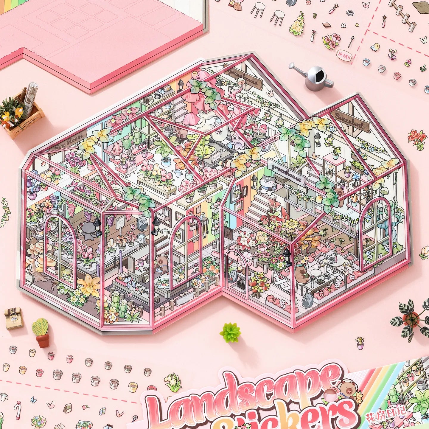 Finished Greenhouse Diary glass house miniature scene made with PET stickers and transparent PVC card