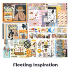 Fleeting Inspiration Junk Journal Kit flat lay showing the coordinated papers, ephemera, stickers, and craft embellishments included in the set