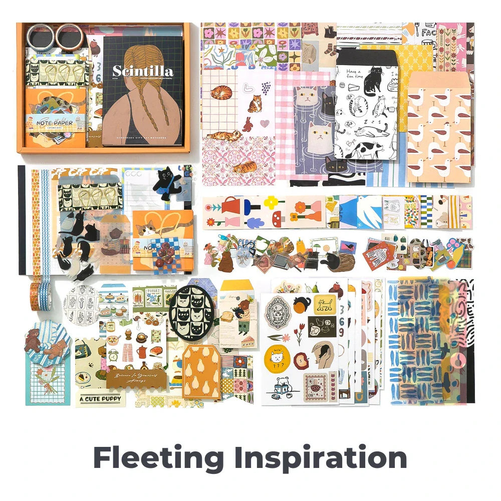 Fleeting Inspiration Junk Journal Kit flat lay showing the coordinated papers, ephemera, stickers, and craft embellishments included in the set