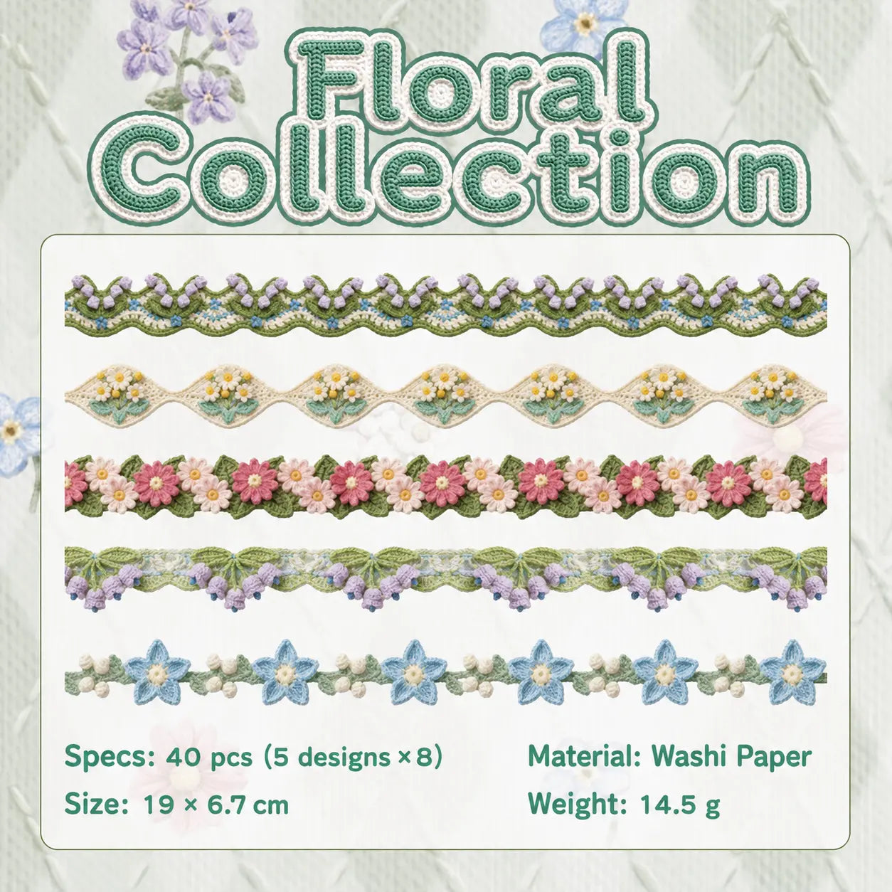 Floral Collection crochet-look border journaling stickers with 40 washi paper pieces