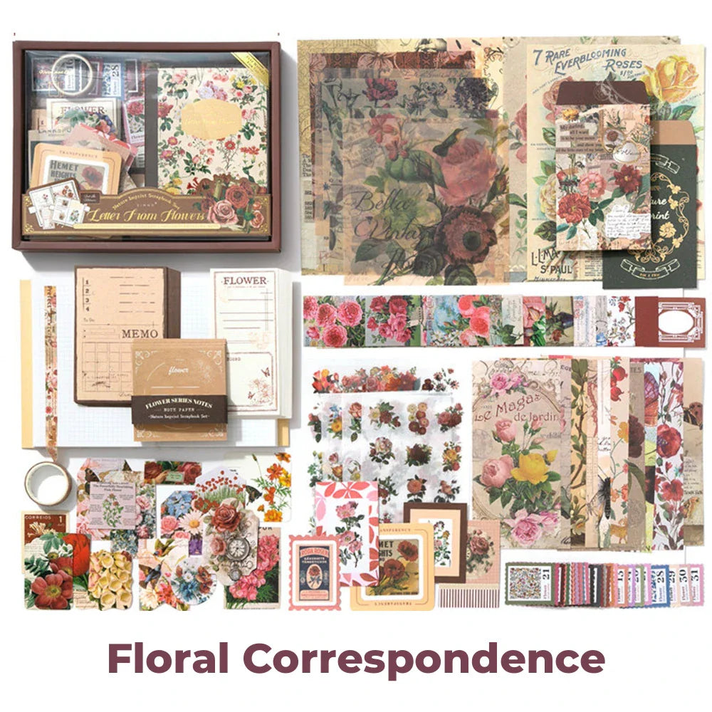 Floral Correspondence Junk Journal Kit flat lay showing the coordinated papers, ephemera, stickers, and craft embellishments included in the set