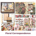 Floral Correspondence Junk Journal Kit flat lay showing the coordinated papers, ephemera, stickers, and craft embellishments included in the set