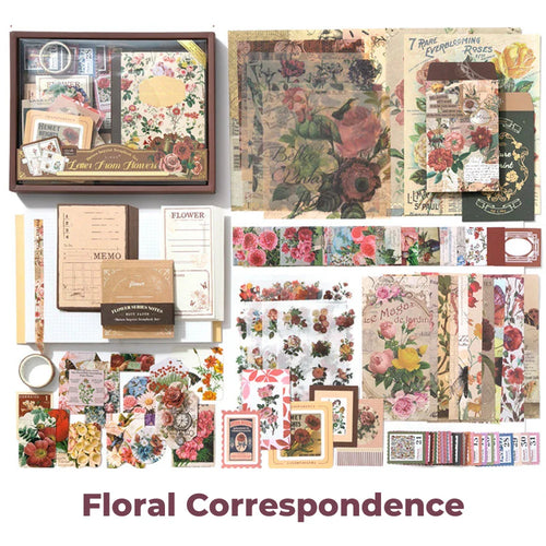 Floral Correspondence Junk Journal Kit flat lay showing the coordinated papers, ephemera, stickers, and craft embellishments included in the set