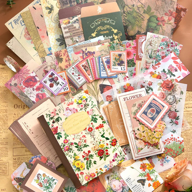Floral Correspondence Junk Journal Kit gallery image 3 showing floral papers, letter-style ephemera, stickers, and journaling accents for scrapbooking and collage
