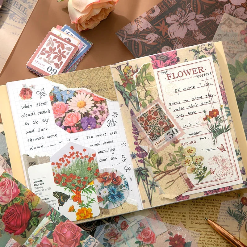 Floral Correspondence Junk Journal Kit gallery image 11 showing floral papers, letter-style ephemera, stickers, and journaling accents for scrapbooking and collage