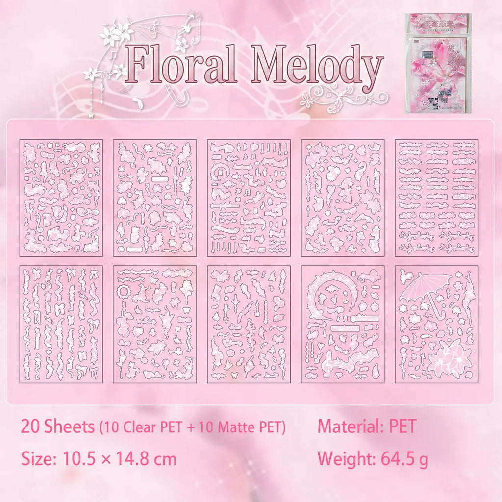 Floral Melody journaling sticker set overview with 20 PET sheets in floral, music note, ribbon, and decorative line designs