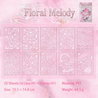 Floral Melody journaling sticker set overview with 20 PET sheets in floral, music note, ribbon, and decorative line designs