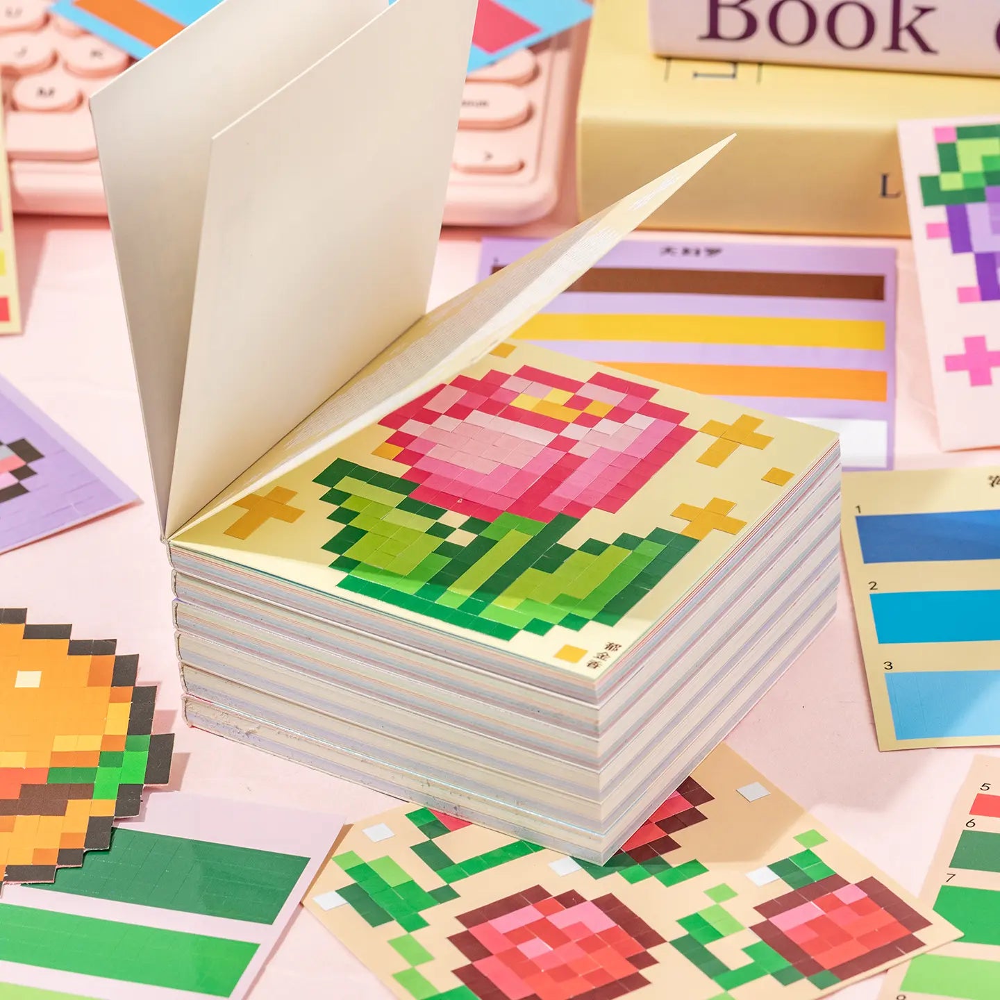 Flower Garden pixel mosaic sticker book pages with completed rose design