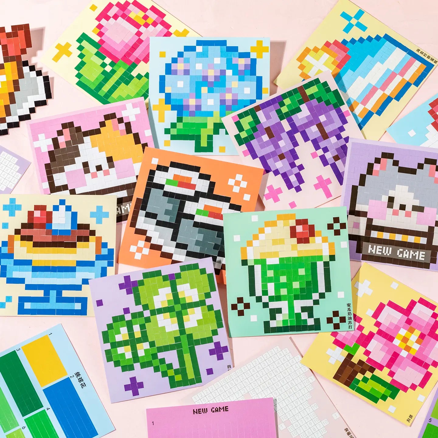Finished pixel mosaic designs from Flower Garden Pixel Mosaic Sticker Book