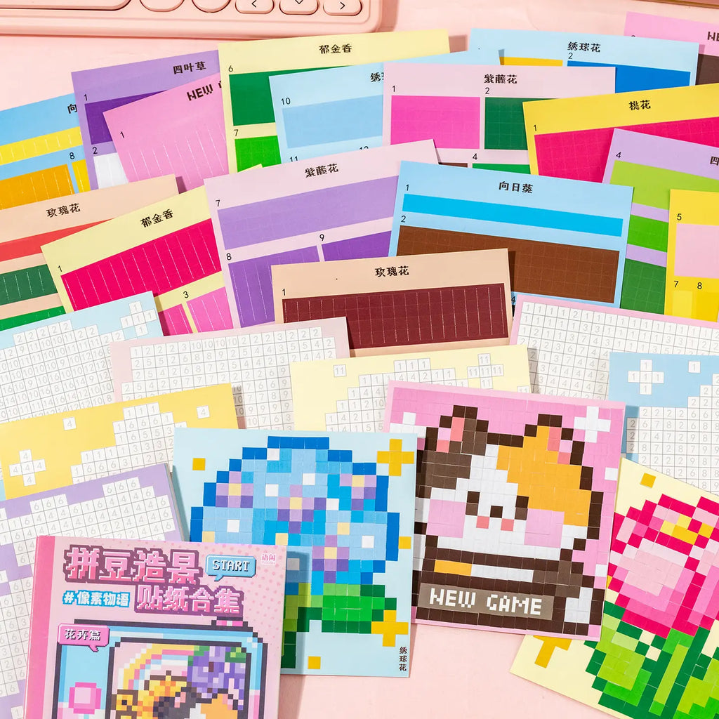 Full layout of Flower Garden Pixel Mosaic Sticker Book with flower designs and sticker sheets