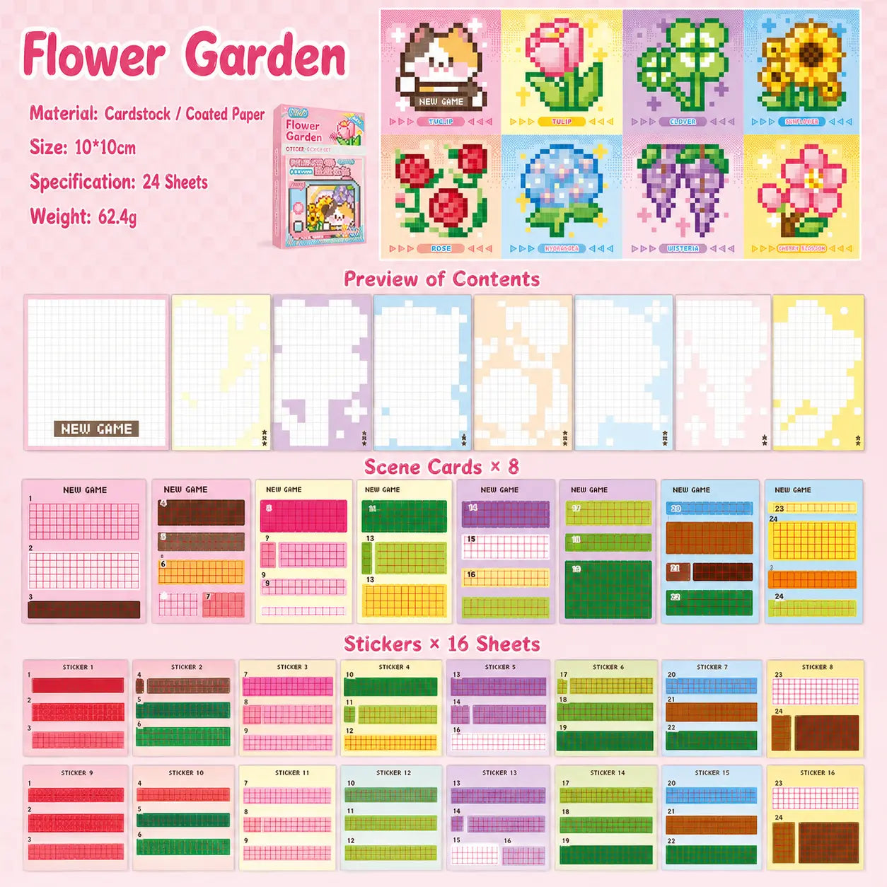 Flower Garden Pixel Mosaic Sticker Book contents with 8 scene cards and 16 sticker sheets