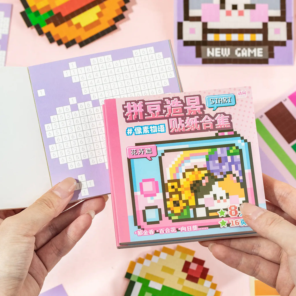 Flower Garden Pixel Mosaic Sticker Book held in hand with pink cover design