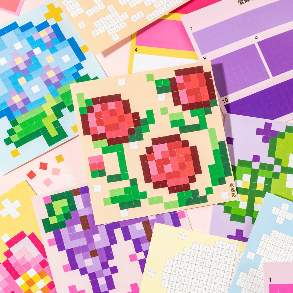 Completed pixel rose design from Flower Garden Pixel Mosaic Sticker Book