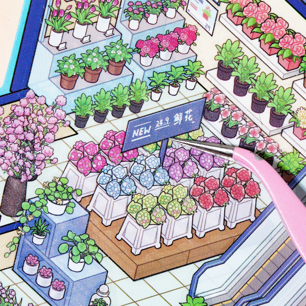 Close-up of flower shop area in a blue supermarket 3D scene sticker book with colorful flowers, plants and tweezer placement